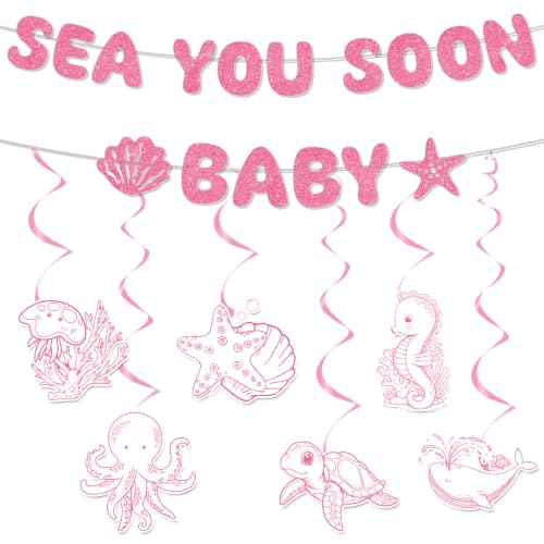 Image of Under The Sea Party Decorations - 8 Pcs Sea You Soon Baby Shower Banner Hanging Swirls Decorations, Pink Summer Ocean Seashell Theme Decor Supplies for Boys Girls