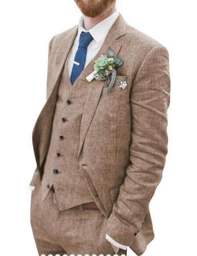 Linen Suit for Men Slim Fit 3 Piece Suit Two Buttons Casual Linen Suits Summer Beach Wedding Suits Set
