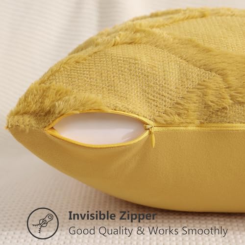 decorUhome Fall Throw Pillow Covers 12x20 Inch Set of 2, Soft Plush Faux Fur Wool Lumbar Mustard Yellow Couch Pillow Covers, Decorative Neutral Pillow Cases for Bed Sofa Living Room Home Decor