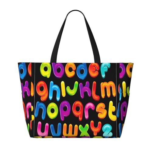 Alphabet Theme Print Large Beach Tote Bag for Women Extra Large Capacity Sandproof Waterproof Pool Bag Suitable for Swimming Pool Gym Groceries Travel2