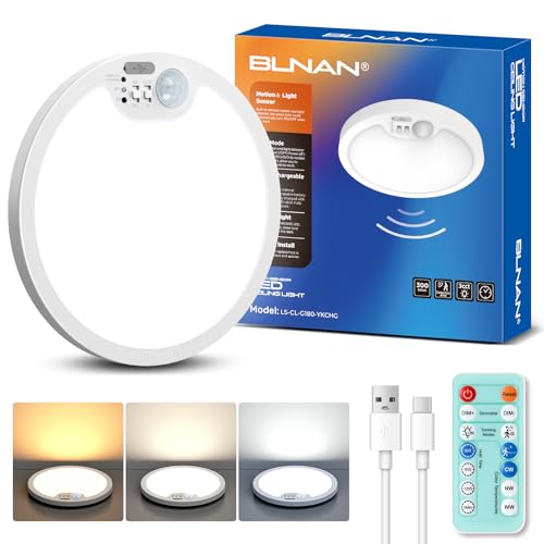 BLNAN LED Deckenleuchte mit Bewegungsmelder Innen, 7000mAh Aufladbar Akku Lampe mit Bewegungsmelder, 3000K/4000K/6000K, Kabellos Dimmbar Deckenlampe für Flur Treppe Balkon Garage