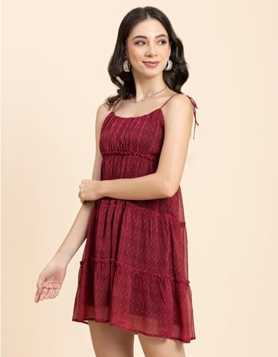 Image of Moomaya Women Printed Mini Dress, Strappy Shoulders Tiered Short Summer Dress