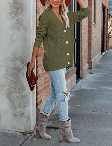 Merokeety Women's Long Sleeve Cable Knit Button Cardigan Sweater Open Front Outwear Coat With Pockets,Armygreen,M #TOP3