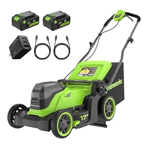Greenworks 48V (24V x 2) Cordless Lawnmower for Large Lawns up to 440m2, 41cm Cutting Width, 40L Bag, Lawnmower with Two 4Ah Batteries and Twin Charger, 3 Year Guarantee MO48L422-01