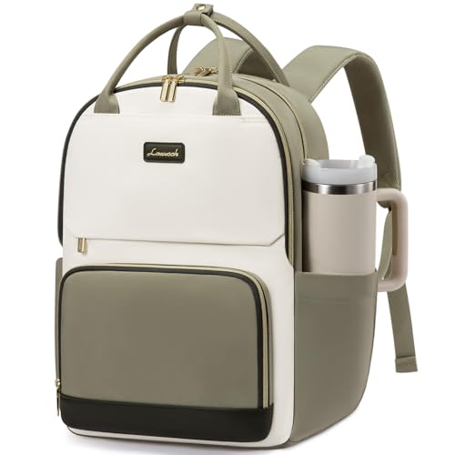 Image of LOVEVOOK Laptop Backpack for Women with Giant Tumbler Holder Pocket, 15.6 inch Travel Work Backpack Purse for Teacher Nurse, Waterproof College Book Bag Cute Casual Daypack, Beige-Green