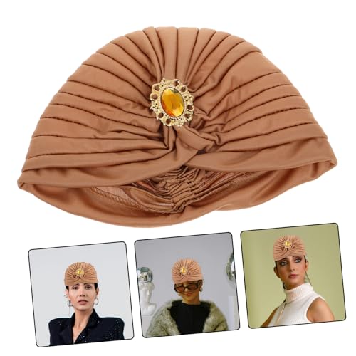 KESYOO Women Pre-Tied Turban Hat Rhinestones Comfortable Soft Beanie Cap Distinctive Twisted Head Wrap for Fashionable Women and Girls Sparkling Alloy Accents Light Coffee 7