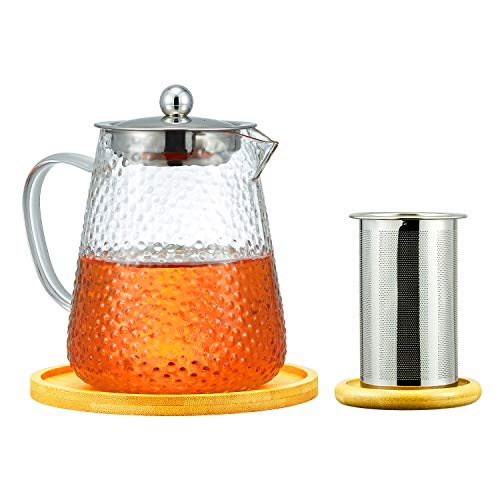 Frosted Glass Teapot Kettle with Removable Stainless Steel Infuser & Bamboo Coasters, Stovetop Microwave Safe for Blooming and Loose Leaf Tea, 950ml/32oz