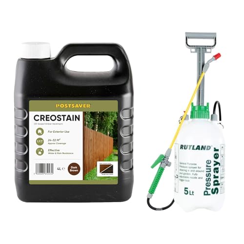 Postsaver Creostain Creocote & Sprayer | Oil Based Timber Wood Treatment | Creosote Substitute | Ideal for Fences & Sheds | 4 Litre + Sprayer (Dark Brown)