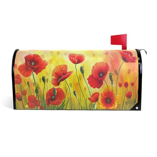 Art Red Poppy Flowers Mailbox Covers Magnetic Spring Lawn Painting Mailbox Cover Wraps Standard Size 18" X 20.7" Post Letter Box Cover Garden Decorations