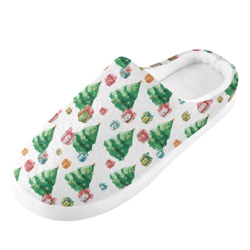 Fuzzy Memory Foam Slippers for Women/Men Christmas Tree with Gift Pattern Fluffy Winter House Shoes Indoor and Outdoor