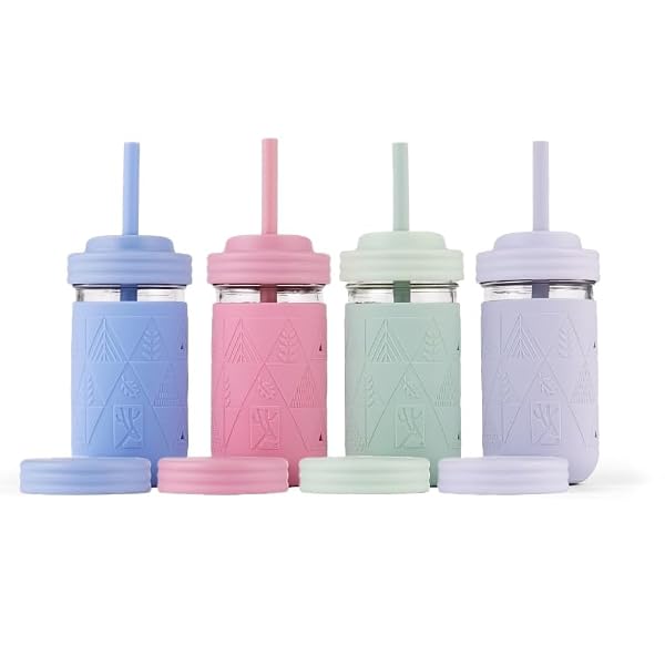 Elk and Friends Kids & Toddler Cups Glass Mason Jars 12 oz with Silicone Sleeves & Silicone Straws Smoothie Cups Spill Proof Cup by Elk and Friends - Used condition - CA$41.05