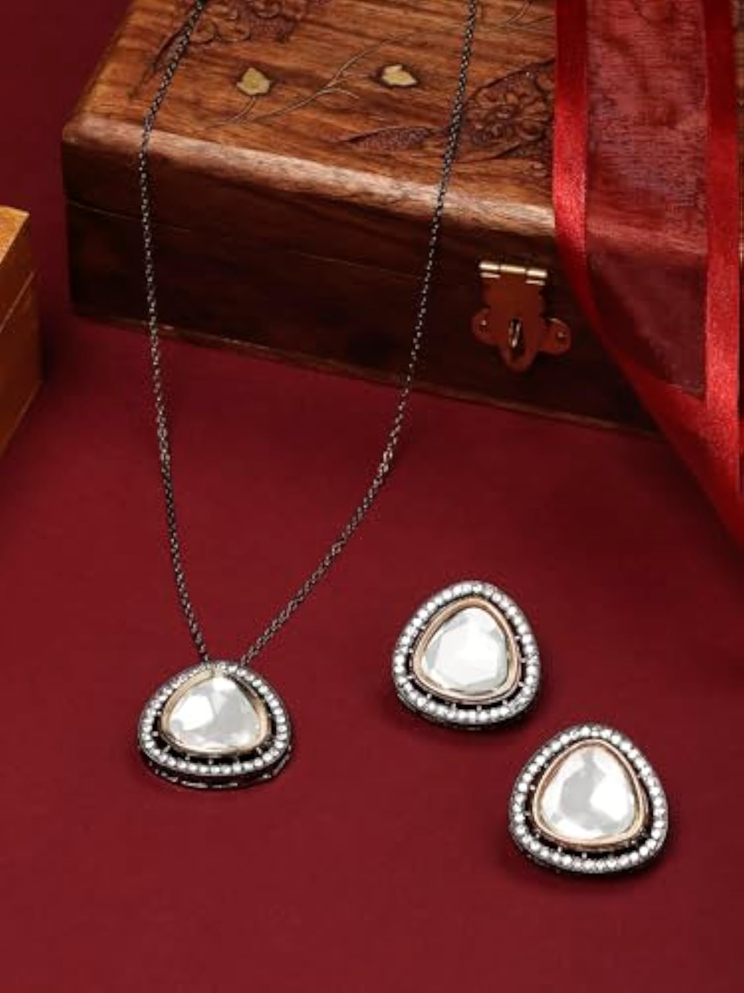 Women's Two Tone Austrian Diamonds Pendant With Chain & Earring Set