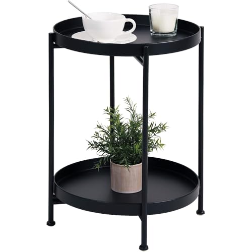 Shukitechi 2-Tier Round End Side Table, Small Metal Side Table with Removable Tray, Accent Table for Living Room, Bedroom Nightstand, Balcony or Patio Outdoor Use