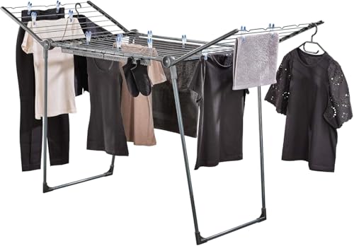 Leifheit Standtrockner Pegasus 200 Solid Black, schwarzer Wäscheständer mit Flügeln für Lange Kleidungsstücke, standfester Flügelwäschetrockner für drinnen und draußen, Wäschereck in modernem Design