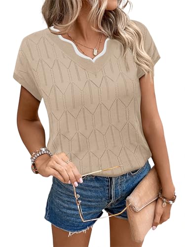 Image of WIHOLL Womens Summer Tops Cap Sleeve Sweater V Neck Shirts Beach Vacation Clothes Business Casual Fashion Clothing