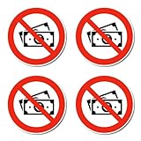 Sin billetes y dinero en efectivo, según la norma DIN EN ISO 7010 / ASR A1.3, pegatina: diámetro 7,5 cm, 4 unidades.