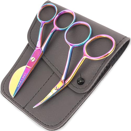MAKER AND MARKET Small Embroidery 4.5 Inch Scissors Set of 2 Kit - Mini Double Bend Offset Duckbill and Double Bend Long Applique Needlepoint Blade with Pouch Sleeve (Rainbow)