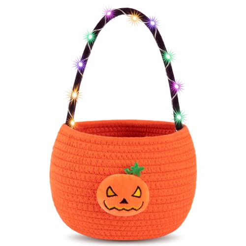 Halloween Trick or Treat Basket for Kids, LED Light Up Pumpkin Candy Bucket