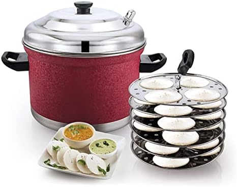 Stainless Steel Idli Cooker with 6 Plates | Idli | Bakelite Handle | Gas Stove and Induction Compatible | Kitchen Accessories (RED), 3 liter