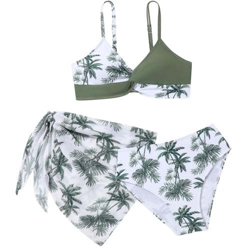 Xumplo Girls Floral Bikini Set Tween Girls 3 Piece Swimsuits Tankini Set with Cover Up Kids Swimming Costume Bathing Suit Green 12-13 Years