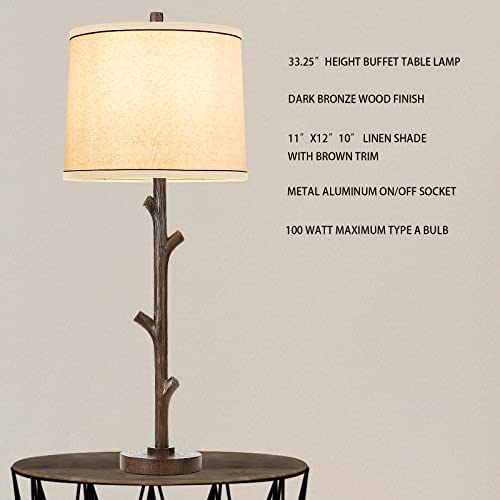 32.25" High Farmhouse Rustic Country Cottage Buffet Table Lamp Tree Trunk Faux Wood Column White Washed Linen Round Shade Decor For Living Room Bedroom Reading Room #TOP1