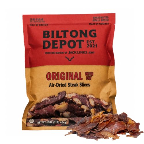 Biltong Depot Original Beef Biltong Slices with Fat – 1lb (16oz) | Air-Dried Beef Jerky Snack | High Protein | Zero Sugar | Keto & Paleo Friendly | Gluten Free | No Artificial Preservatives | No MSG