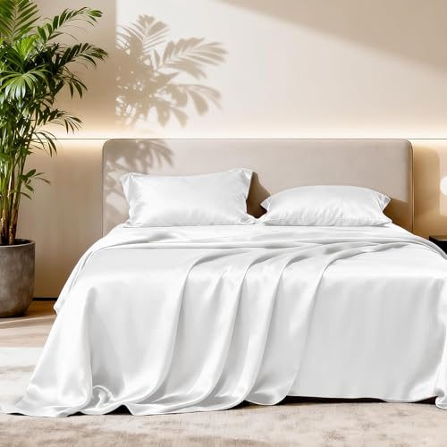 Image of Soft and Silk Satin Bedsheet for Single Bed - 400 TC Romantic Bedsheet Set for Bedroom | Bridal Wedding Bedsheet with Pillow Cover | Ideal for Gifting White, Single Bed