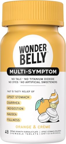 Wonderbelly Multi-Symptom Medicine Anti-Diarrhea & Upset Stomach Relief with Bismuth Subsalicylate Orange & Creme 40 Chewable Tablets