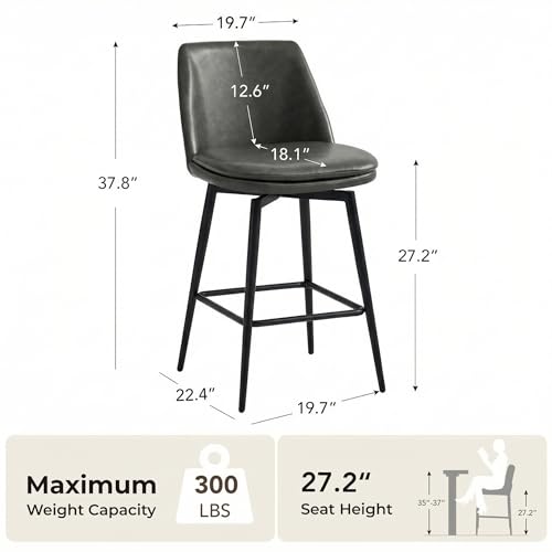 Image of CHITA Swivel Bar Stools, 27.2 inch Counter Height Bar Stools Set of 3, FSC Certified Upholstered Modern Counter Stools, Metal Legs, Faux Leather, Grey