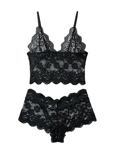 Image of Lilosy Sexy Sheer Floral Lace Pajamas Lingerie Set High Waist Sleepwear Bra and Panty 2 Piece Nightwear