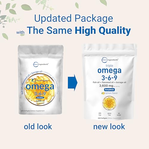 Image of Ultra Omega 3-6-9 3600mg Per Serving, 300 Burpless Softgels | Lemon Flavor - Blend of Fish, Flaxseed, Borage Oils | Bioavailable Source, Non-GMO, No Gluten, Mercury Free