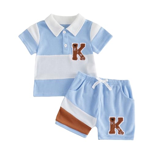BeliBacca Baby Boy Summer Clothes King Embroidery Patchwork Waffle Short Sleeve Polo Shirt Shorts Set Infants Toddler Boy Summer Sets Beach Playwear (Sky Blue, 6-12 Months)