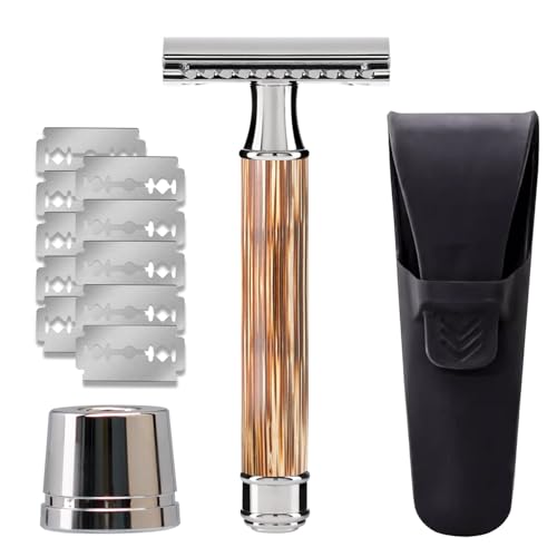 ZENGRASOIR Double Edge Safety Razor with Stand, Safety Razor Travel Case, Women/Men Ladies Razor with 10 Double Edge Safety Razor Blades, Bamboo Handle, 4 Piece Shaving Kit