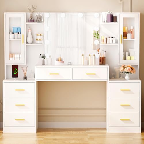 ANWBROAD Grande Toletta Trucco con Luci illuminazione LED Regolabile a 3 Colori e Prese Moderna Postazione Trucco Bianca con Specchio 8 Cassetti 2 Armadietti Toletta 150x135x40cm BDT67W