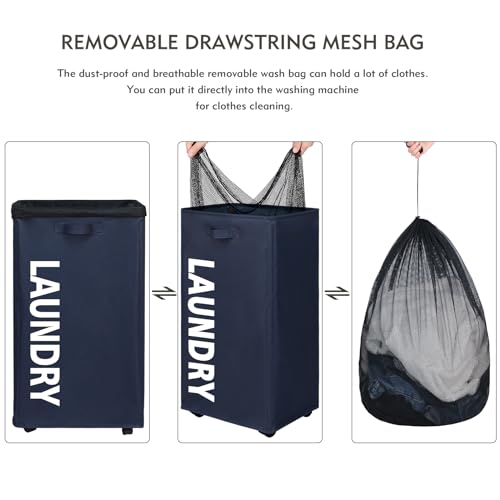 Maxsilan 29"" X-Large Rolling Laundry basket with Removable Bag on Wheels, 90L Collapsible Narrow Corner Laundry Hamper, Foldable Storage Bins, Dark Blue, M012DBXL by Maxsilan - Image 6