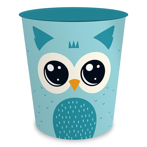 itenga Papierkorb für Kinder mit Tier Motiv - Kawaii Design - rund ca. 11 Liter - Mülleimer fürs Kinderzimmer - stabiler Kunststoff (Eule)