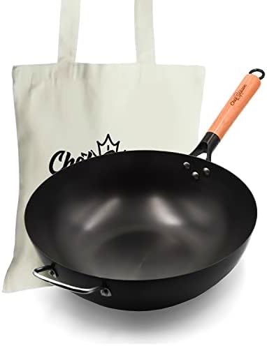 ChefSeason Carbon Steel Wok - 13.4" Flat Bottom Wok for Stir-Frying - Large Uncoated Pre-Seasoned Chinese Wok - fits Electric, Induction, and Gas Cooktops - Free Shopping Bag