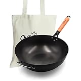 ChefSeason Carbon Steel Wok - 12.6" Flat Bottom Wok for Stir-Frying - Large Uncoated Chinese Wok wit