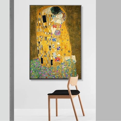 Tableau Gustav Klimt Le Baiser : toile moderne 50x70 cm avec cadre intérieur pour salon