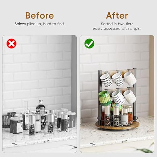 KLM Wood Coffee Mug Holder,12 Hook Mug Tree Holder Rack with Storage Base,Mug Display Organizer,Mug Holders for Home Kitchen,Support 360¡ã rotation for easy access