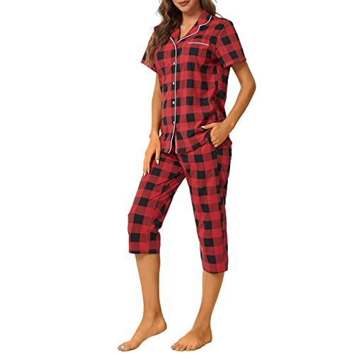 Image of Tugege Capri Pajamas Set Womens Button Down Short Sleeve Lounge Sets Sleepwear Notch Collar Top & Capri 2 Piece PJ Sets