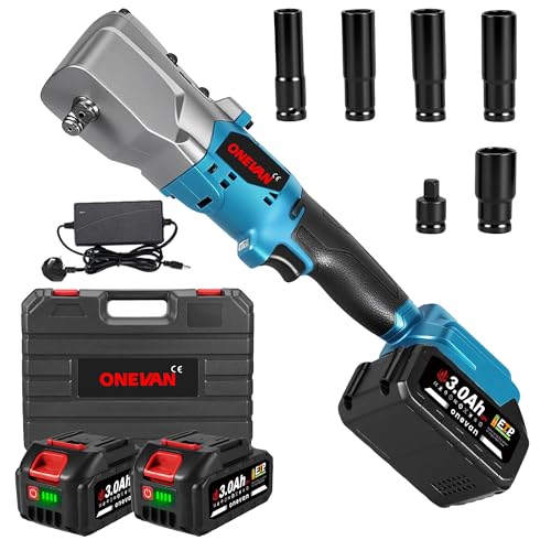 ONEVAN Cordless Wrench Electric Power Ratchet - 300 Nm Max Torque, 1/2" Drive Wrench with LED Light, Includes 5 Sockets, for Vehicle and Industrial Use (incl. 2 Batteries)