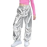 LOLANTA Kids Shiny Metallic Dance Trousers Retro Hip Hop Dance Outfit Loose Fit Cargo Pants Elastic Waist Streetwear, Silver, 10-11 Years, 150