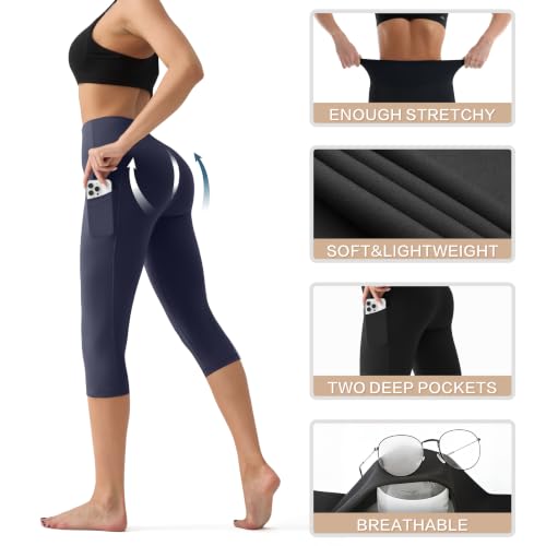 Image of YUDSUD High Waisted Leggings for Women with Pockets - Tummy Control Capris Yoga Pants for Workout Running Athletic Cycling