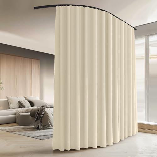 Image of Room Divider Curtains with Ceiling Curtain Track Set Window Curtain for Bedroom,Living Room Total Blackout Thermal Insulated Privacy Ceiling Track Curtain W 9 × H 7 FT Beige drape&Black track
