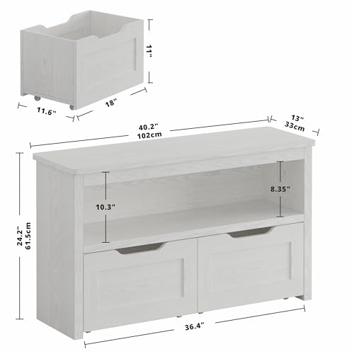 IRONCK Toy Storage Organizer with Drawers, Floor Toy Box with Wheels and Open Shelf, Storage Chest for Nursery, Playroom and Bedroom, White - Thumbnail 3