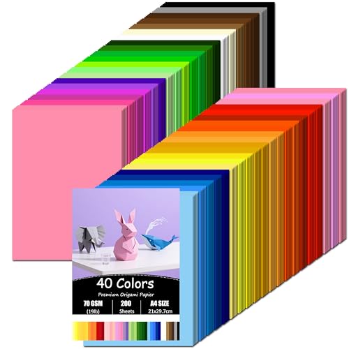 200 Blatt Origami Papier 40 Farben Buntes Papier A4 (70 g/m) Bastelpapier doppelseitiges für DIY Origami und Bastelprojekte