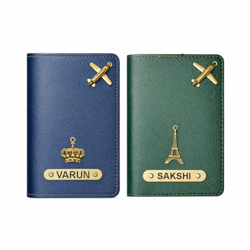 Image of Customized Couple Passport Cover Gift Set 2 Pcs | Personalized Leather Passport Covers with Name & Charm| Anniversary, Valentine, Birthday and Travel Gift (Blue)