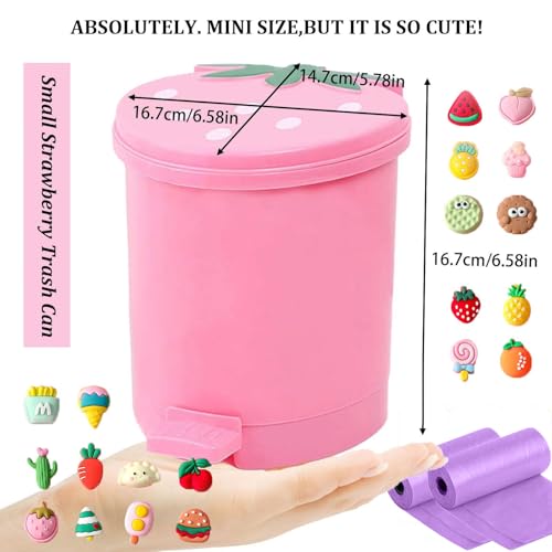 BxuxJar Strawberry Trash Can, 1 Gallon Desk Plastic Cute Trash Can Kawaii Small Srawberry Garbage Can for Bedroom with 5 Rolls Garbage Bag and 20 PCS 3D Cartoon Stickers(Random Style)