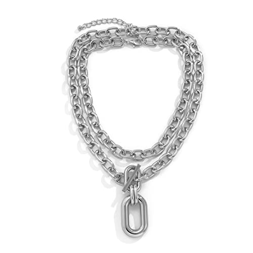 Herton Chunky Necklace for Women Gold Toggle Necklace Punk Statement Necklace Cuban Link Chain Carabiner Necklace Chunky Choker Necklace Jewelry Gifts for Teen Girls(Rough Silver)